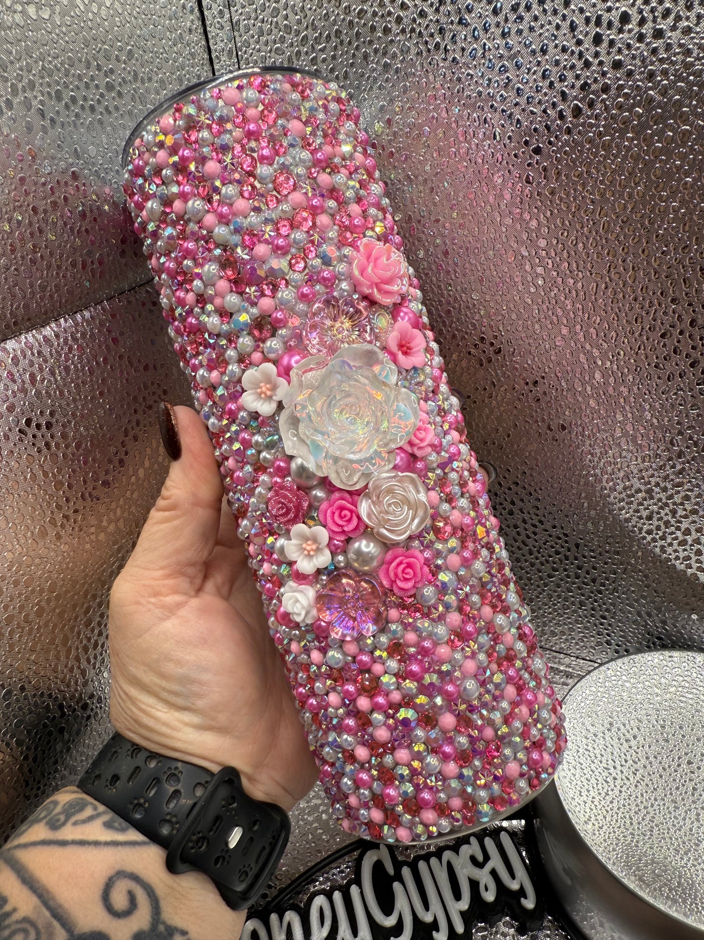 20 Oz Pink Floral Focal Rhinestone Tumbler